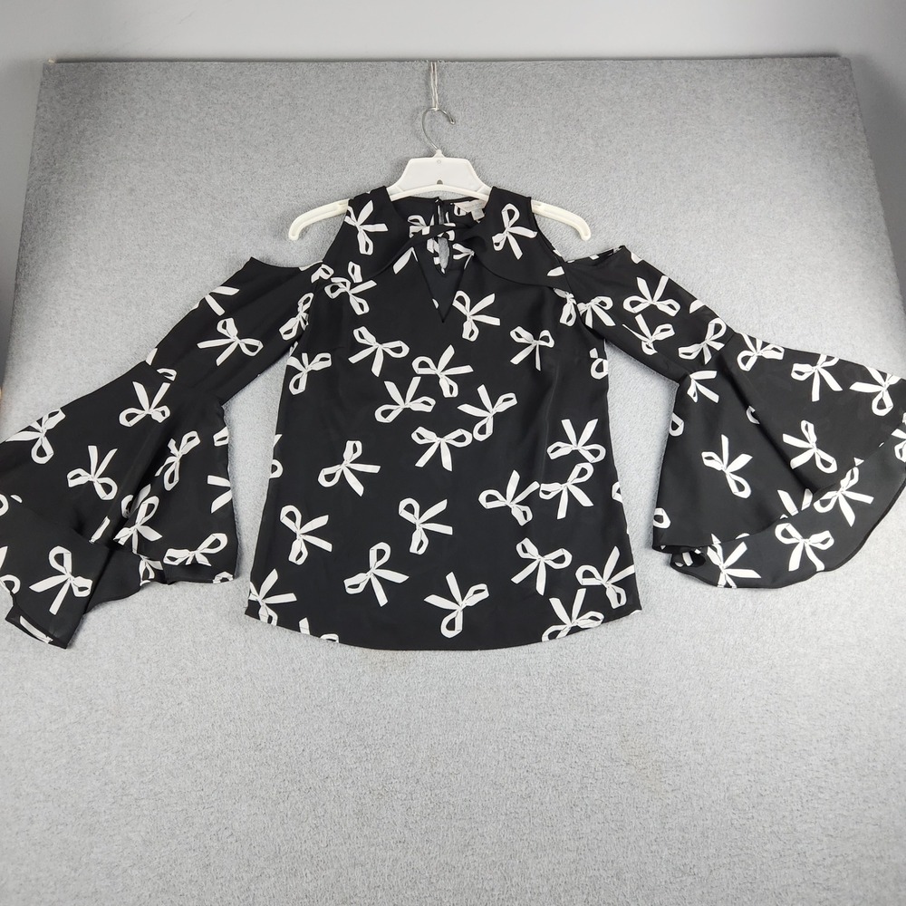 Belle Sky Blouse Womens XS Black White Bow Print Party Cold Shoulder Bell Sleeve